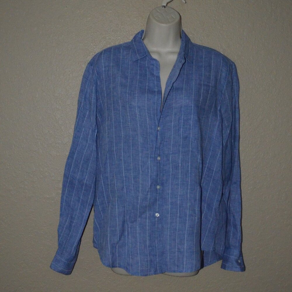 $258 Sz S Frank & Eileen Blue White Striped Linen Relaxed Fit Button Up Blouse